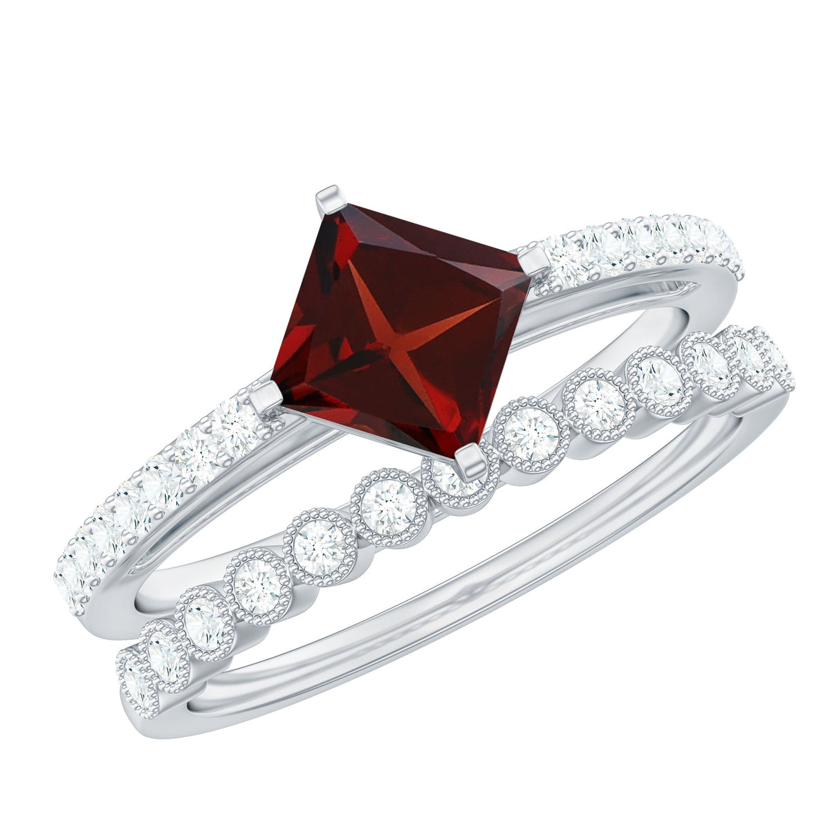 Princess Cut Garnet and Diamond Wedding Ring Set for Women