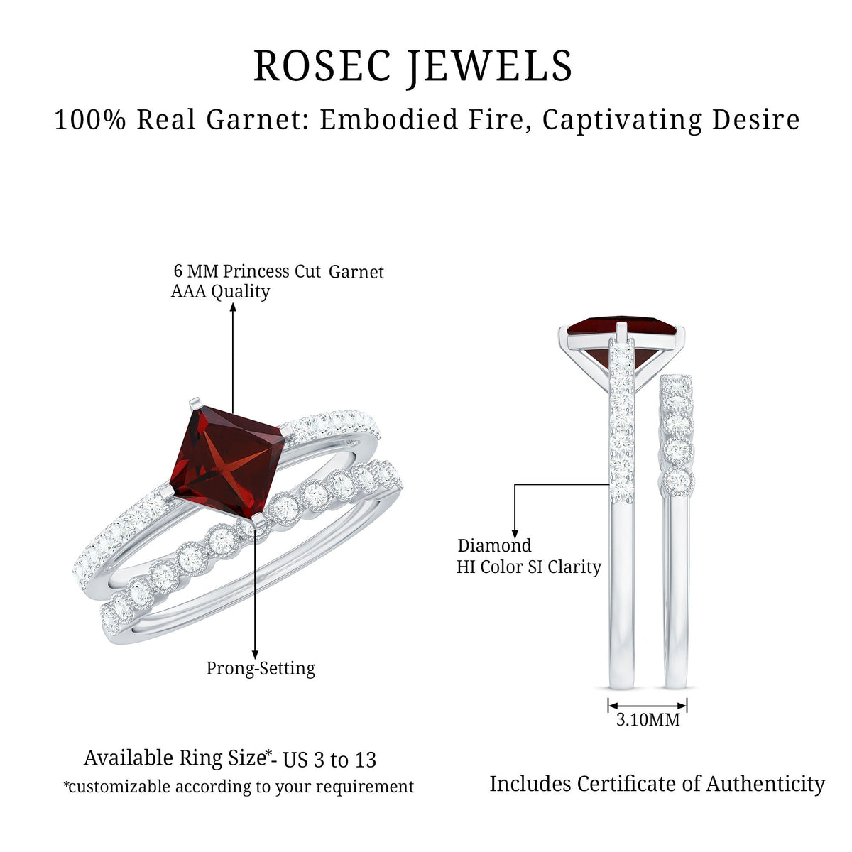 Princess Cut Garnet and Diamond Wedding Ring Set for Women