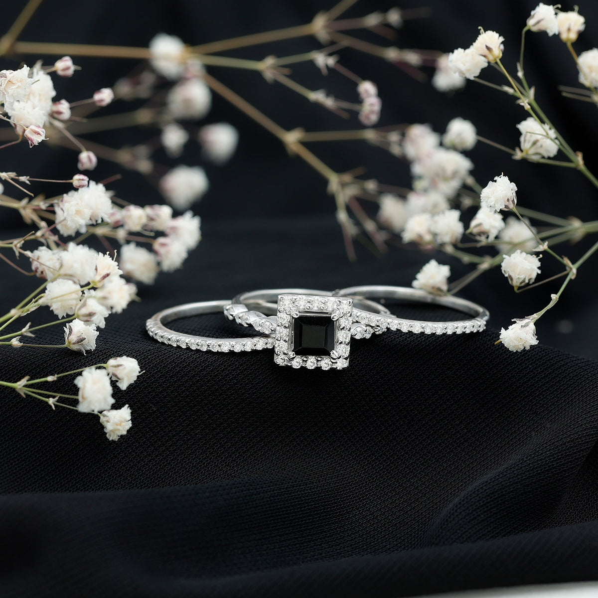 Princess Cut Black Onyx and Moissanite Trio Wedding Ring Set
