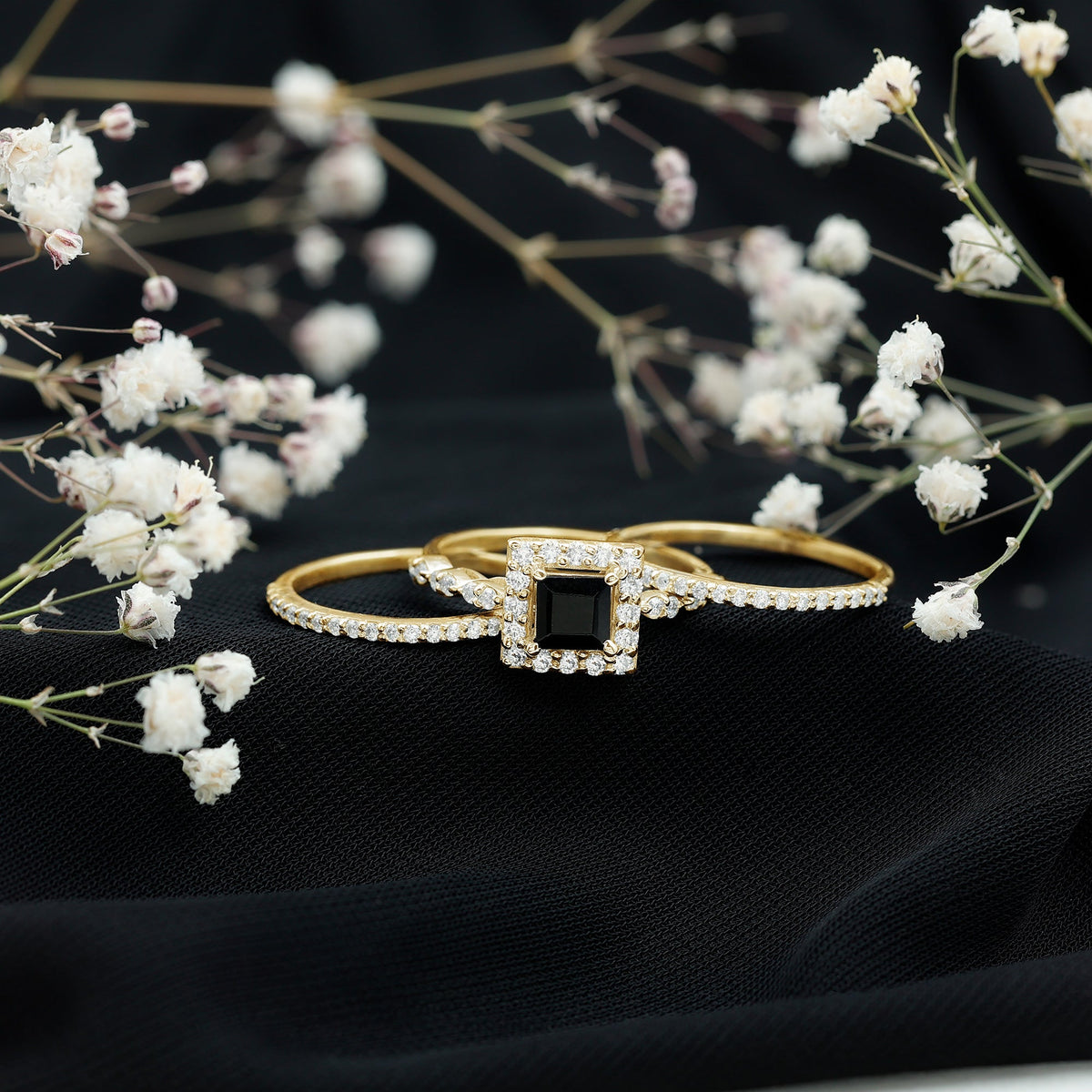 Princess Cut Black Onyx and Moissanite Trio Wedding Ring Set