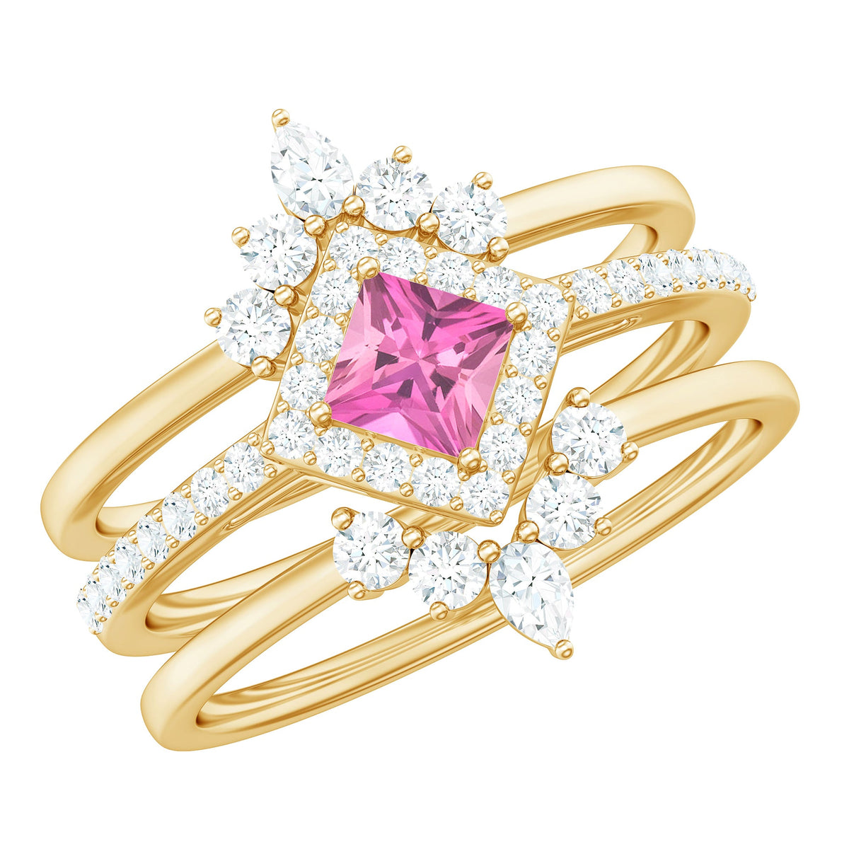 Real Pink tourmaline and Moissanite Trio Wedding Ring Set
