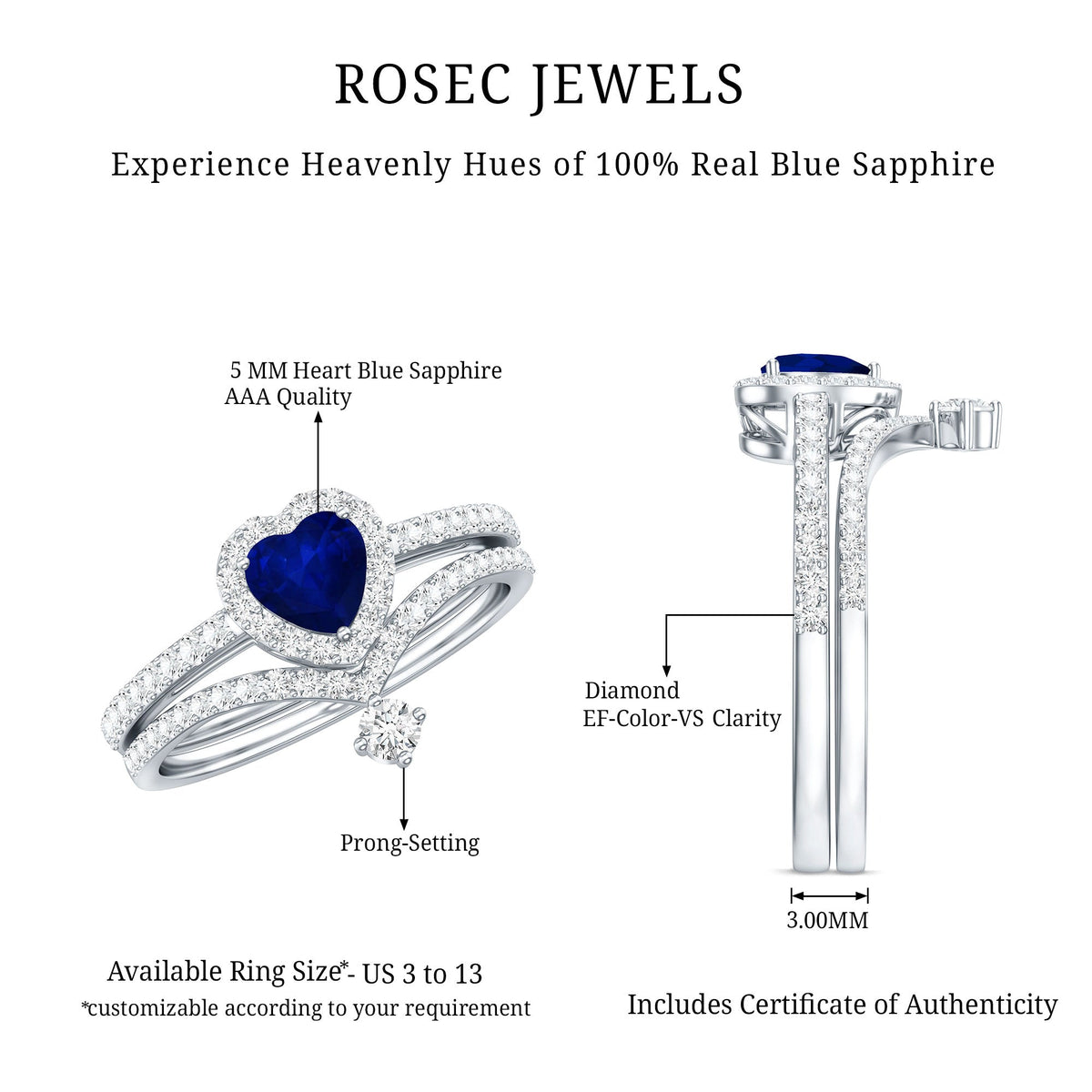 Real Heart Shape Blue Sapphire and Diamond Halo Wedding Ring Set