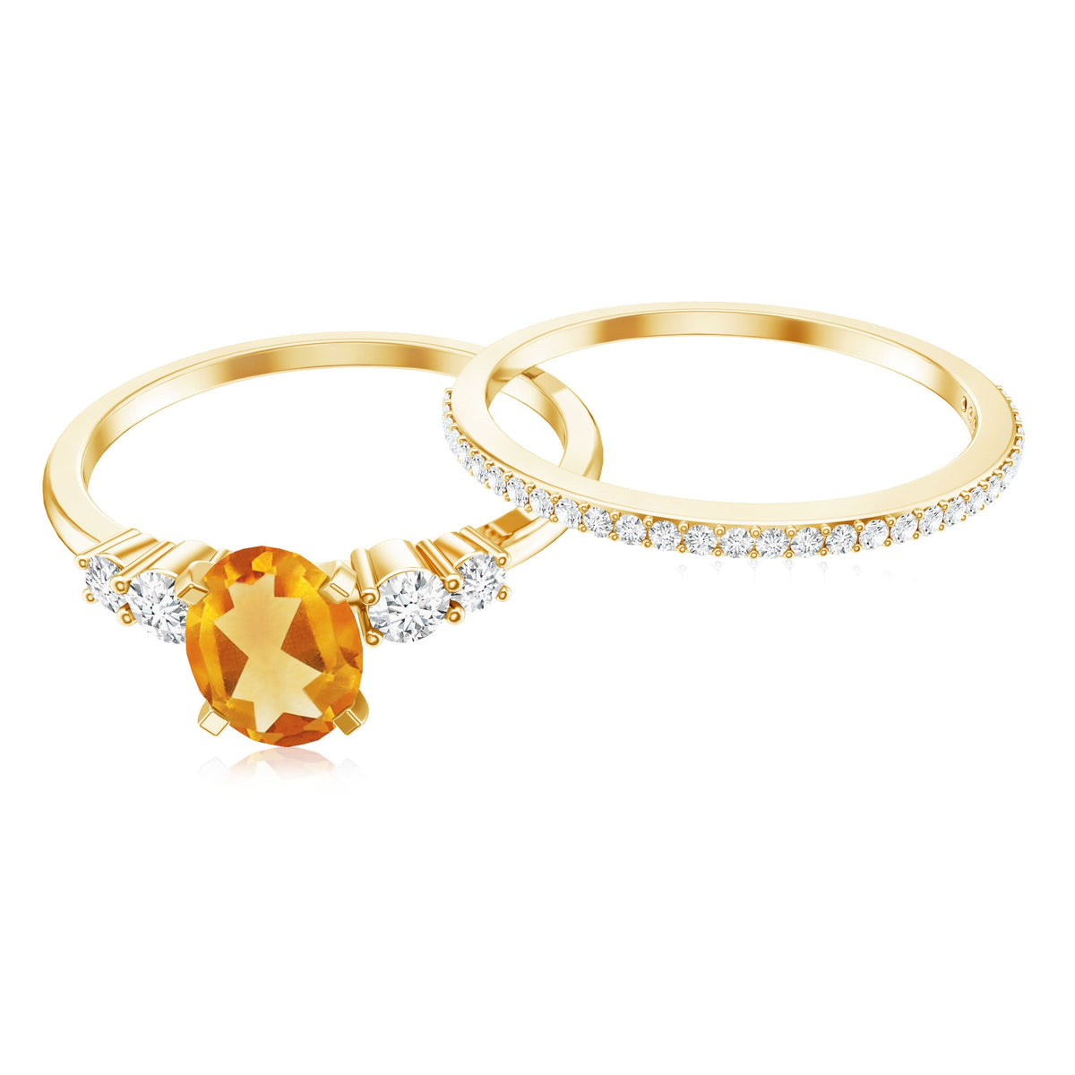 Natural 1 Carat Oval Citrine Diamond Wedding Bridal Ring Set of 2