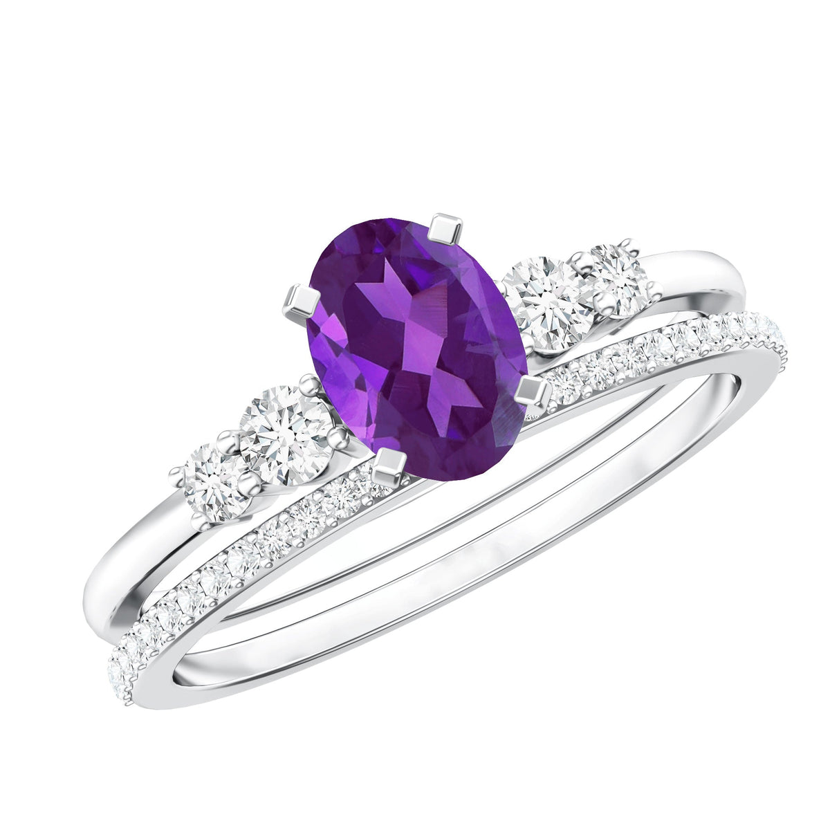 1 Carat Amethyst Diamond Oval Engagement Ring with Wedding Band