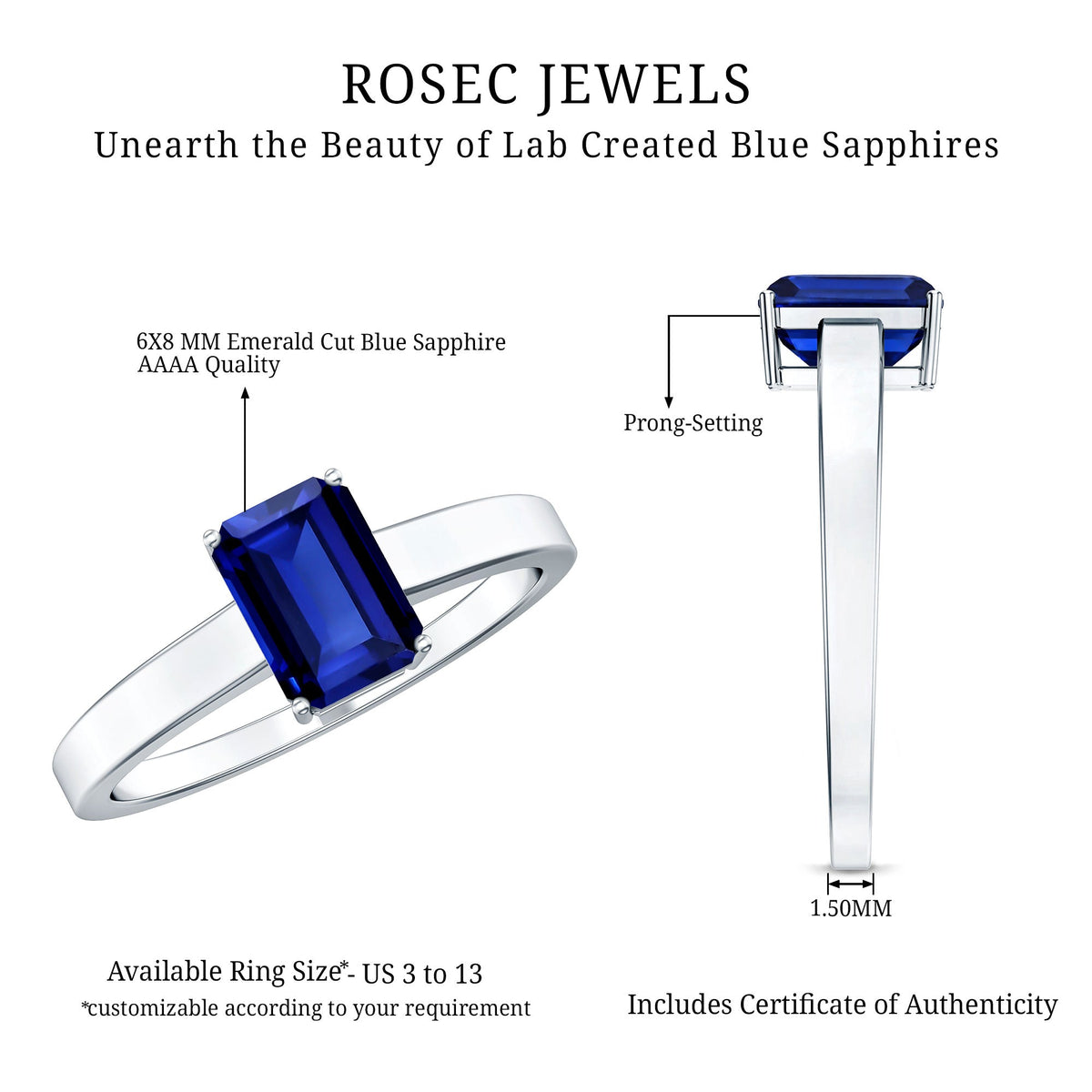 6X8 mm Emerald Cut Lab Created Blue Sapphire Solitaire Engagement Ring