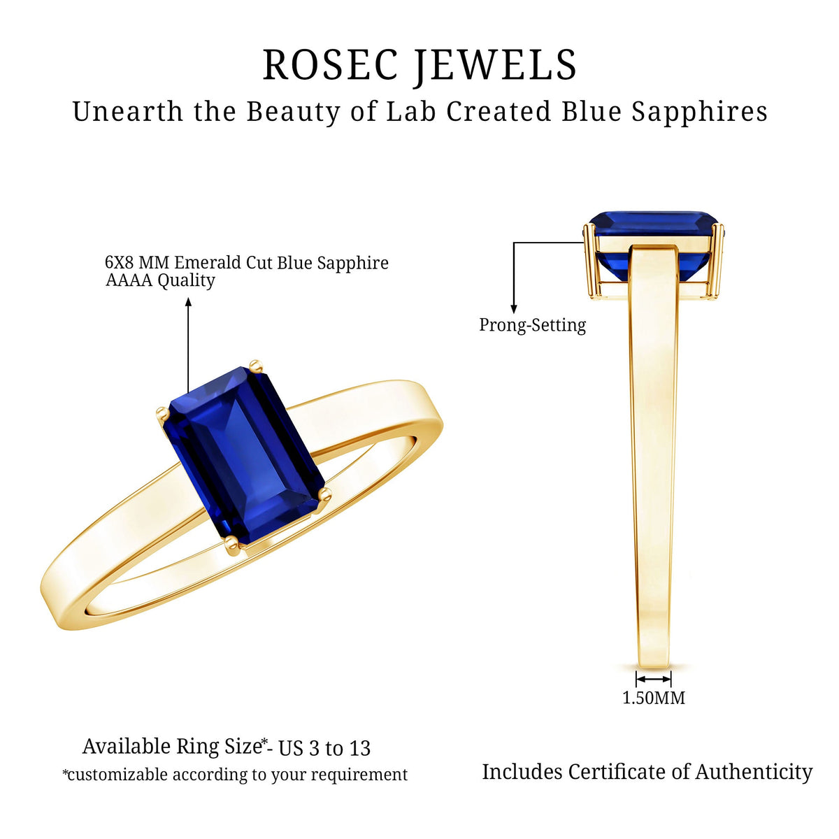 6X8 mm Emerald Cut Lab Created Blue Sapphire Solitaire Engagement Ring