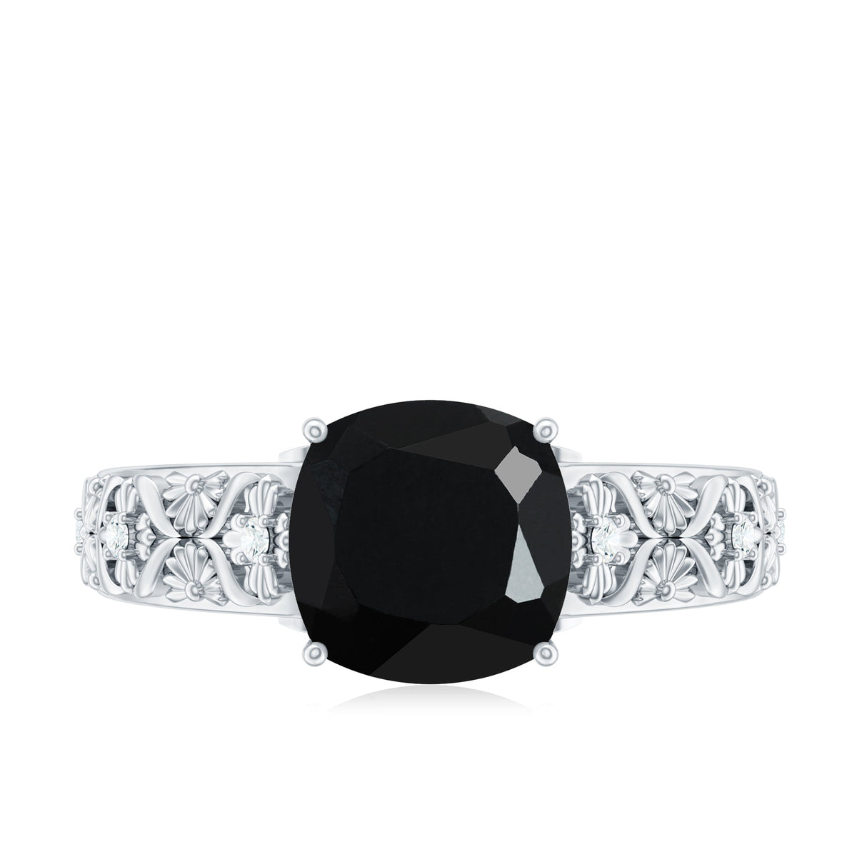 Genuine 2 Carat Black Spinel Vintage Engagement Ring with Diamond