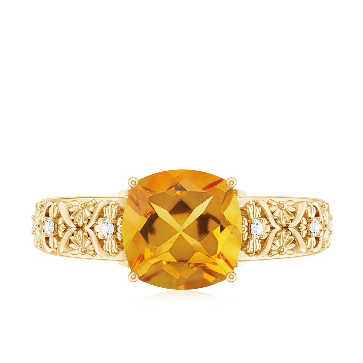Vintage Style 8mm Citrine Cushion Cut Engagement Ring with Diamond