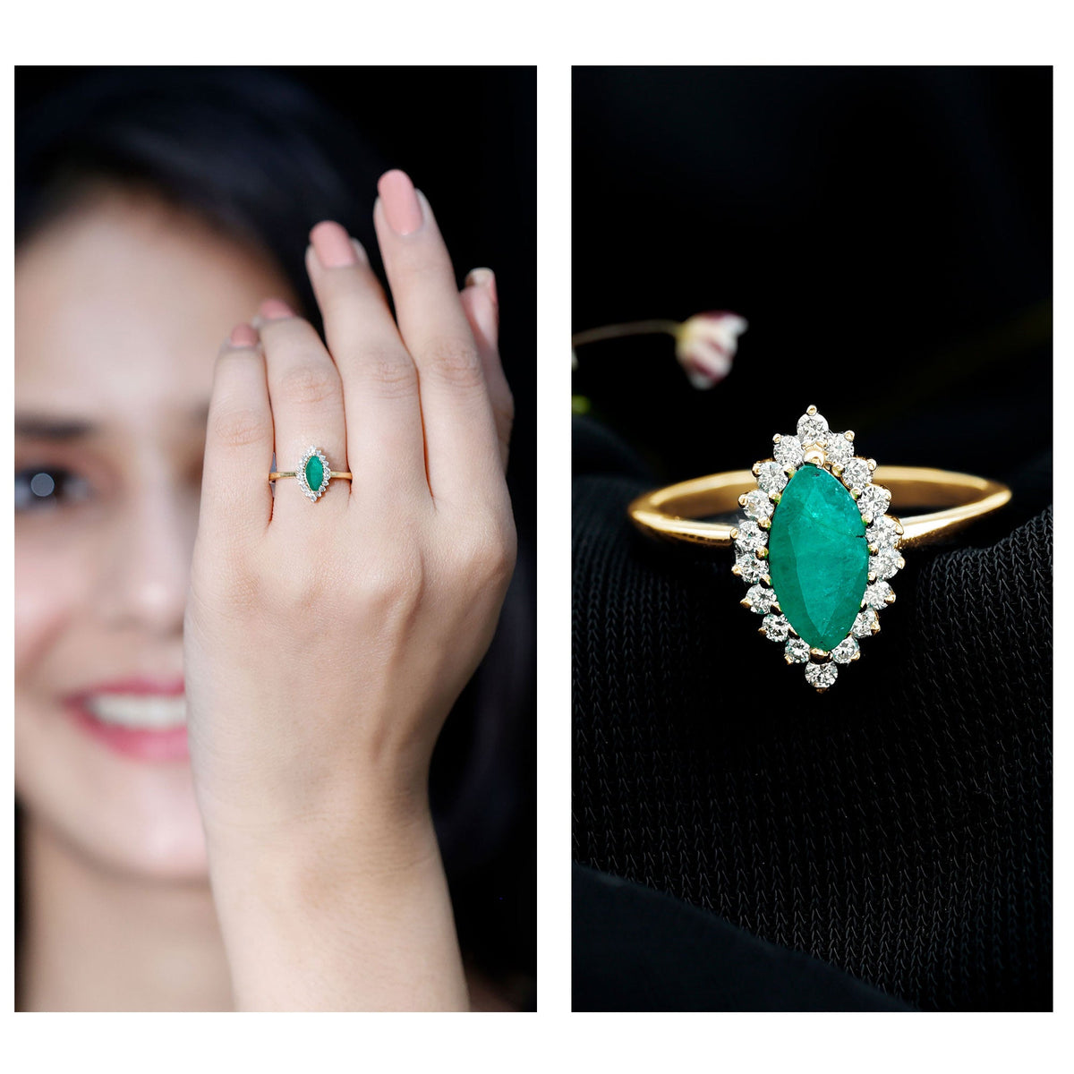 Elongated Marquise Cut Emerald Engagement Ring with Diamond Halo