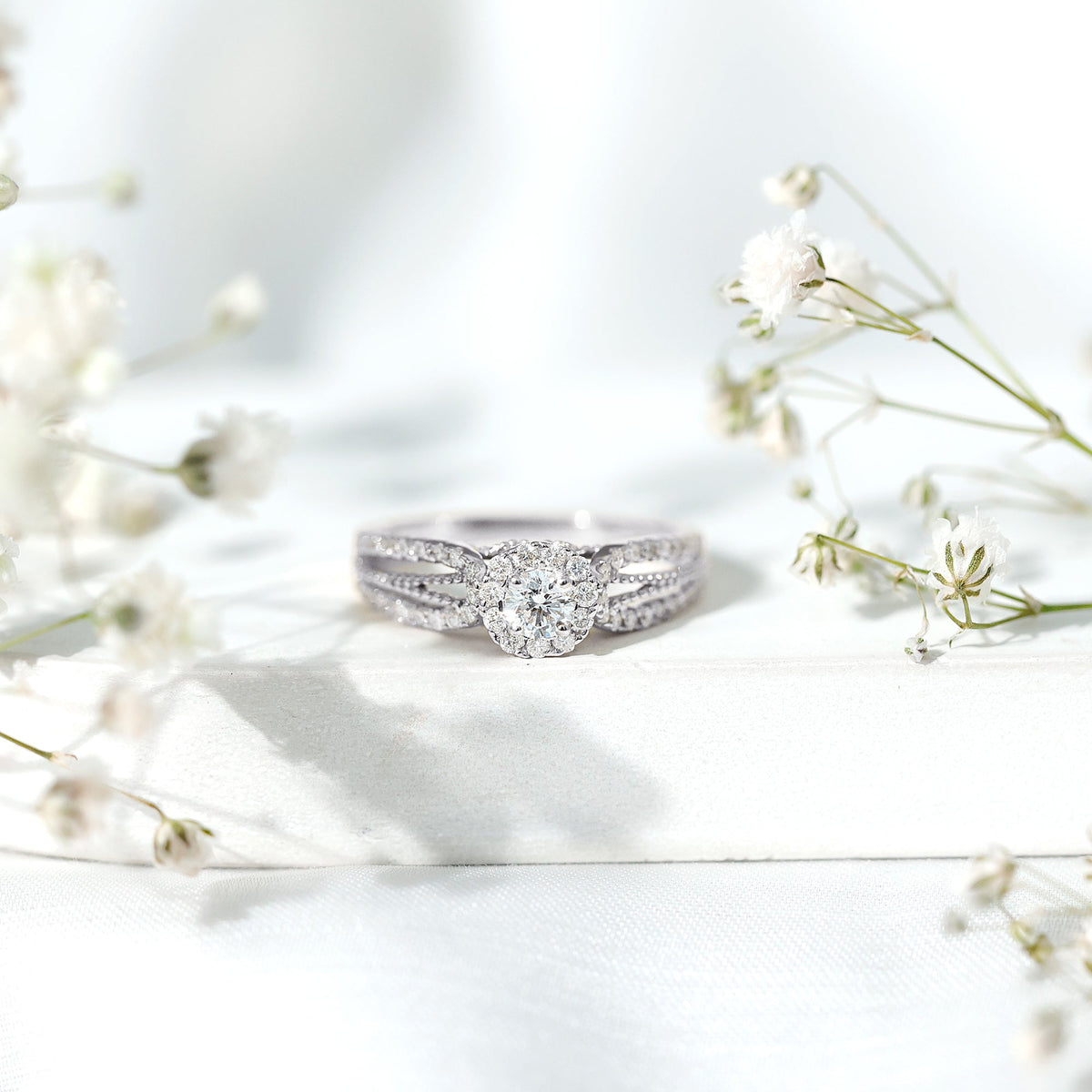 Real Diamond Designer Engagement Ring in Split Shank