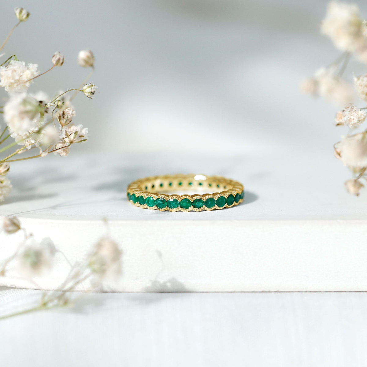 Beaded Bezel Set Emerald Full Eternity Stackable Ring