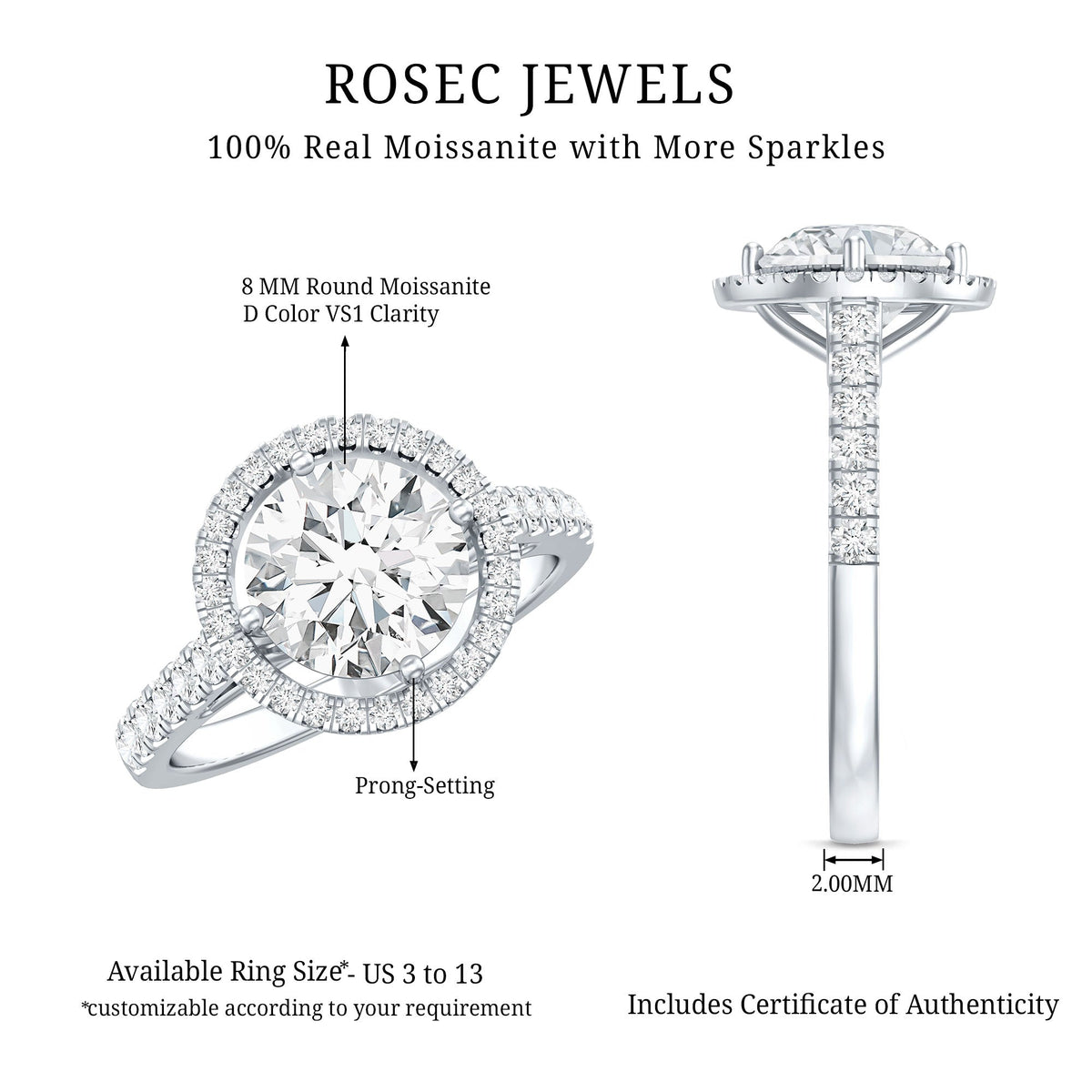 Certified 2 Carat Moissanite Engagement Ring with Halo