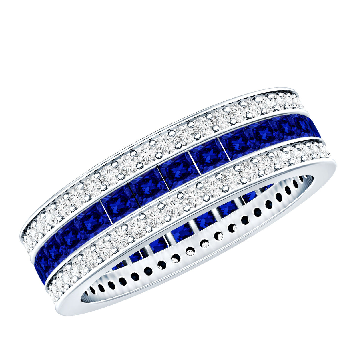 Certified Lab Grown Blue Sapphire 3 Row Wedding Band