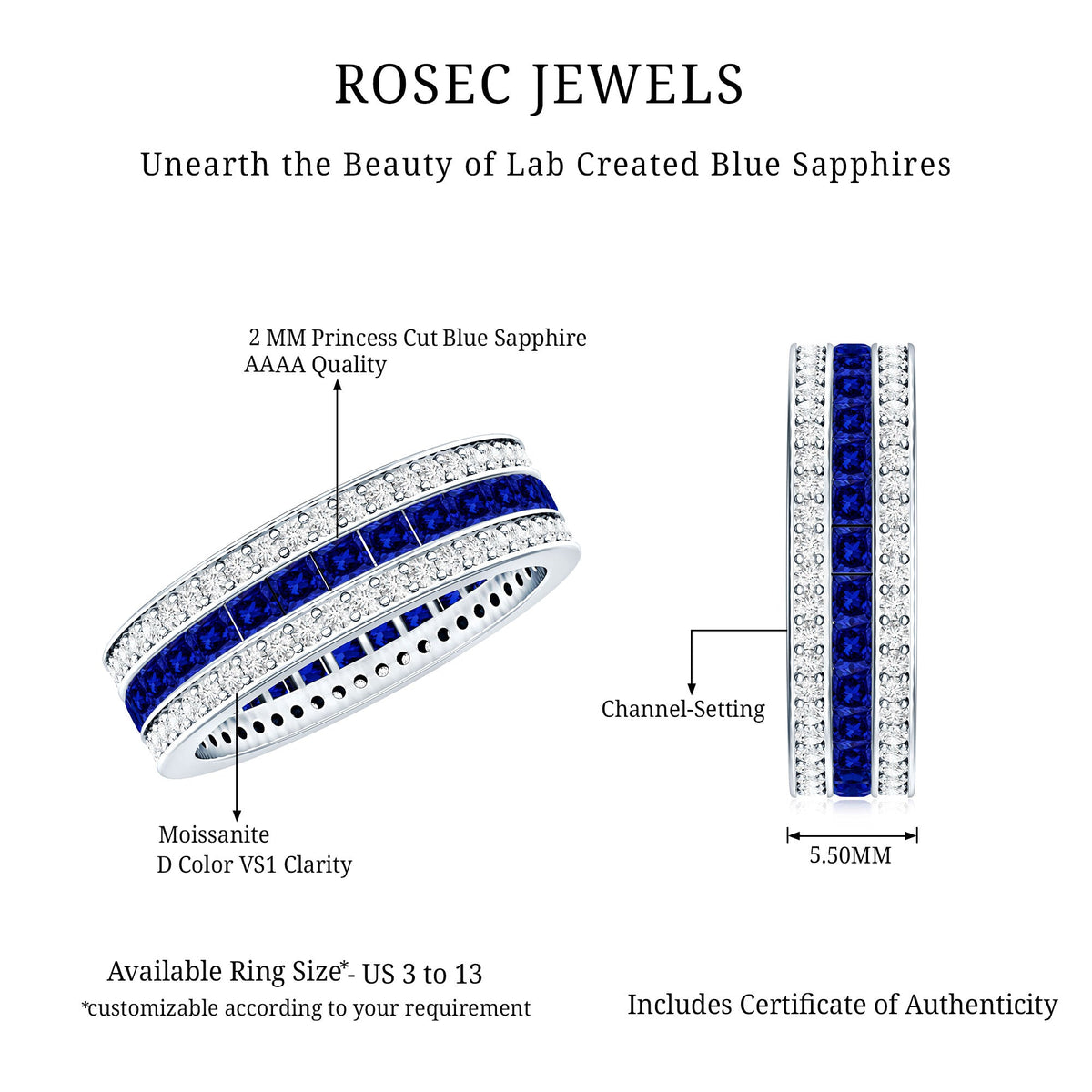 Certified Lab Grown Blue Sapphire 3 Row Wedding Band