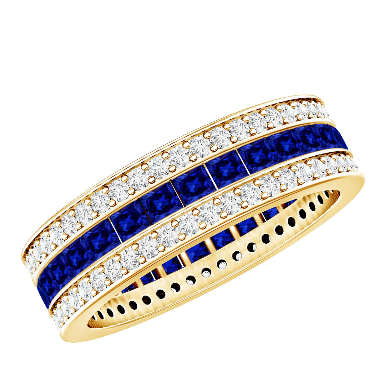 Certified Lab Grown Blue Sapphire 3 Row Wedding Band