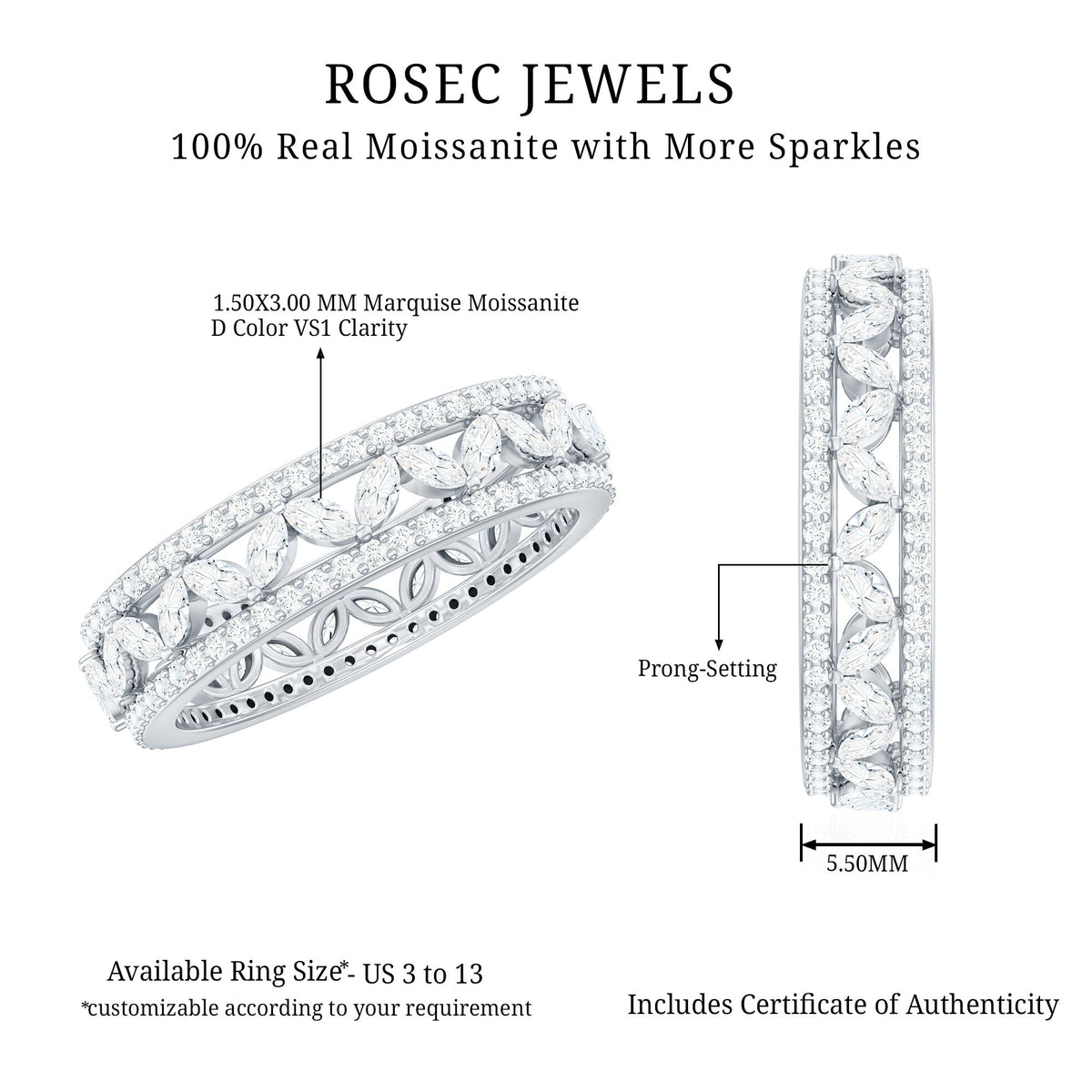 Certified Marquise Moissanite Wedding Band