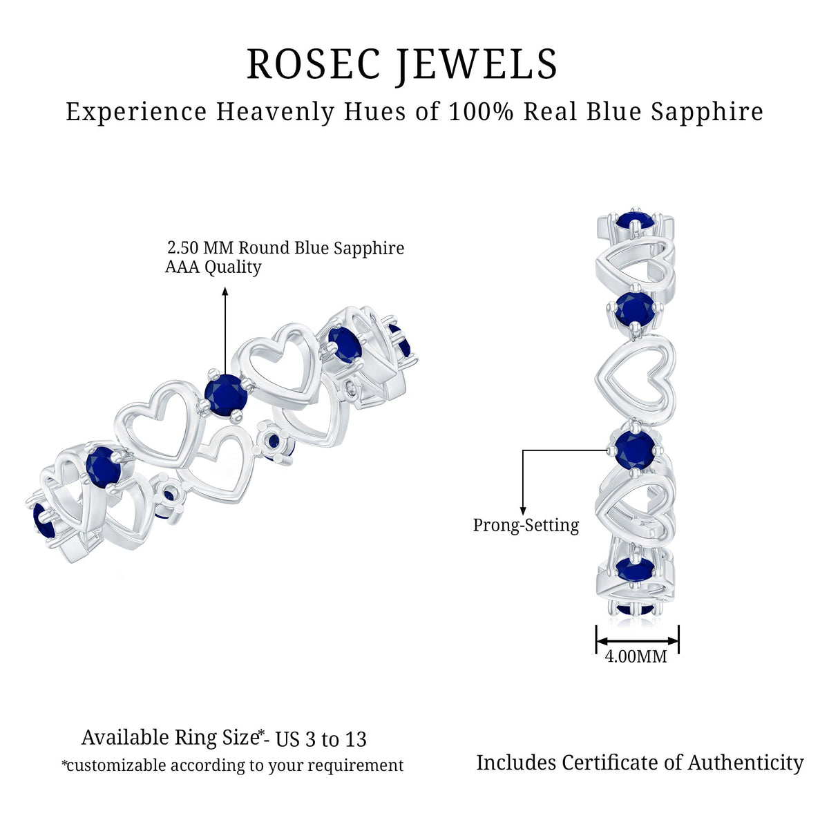 Blue Sapphire Open Heart Wedding Band Ring