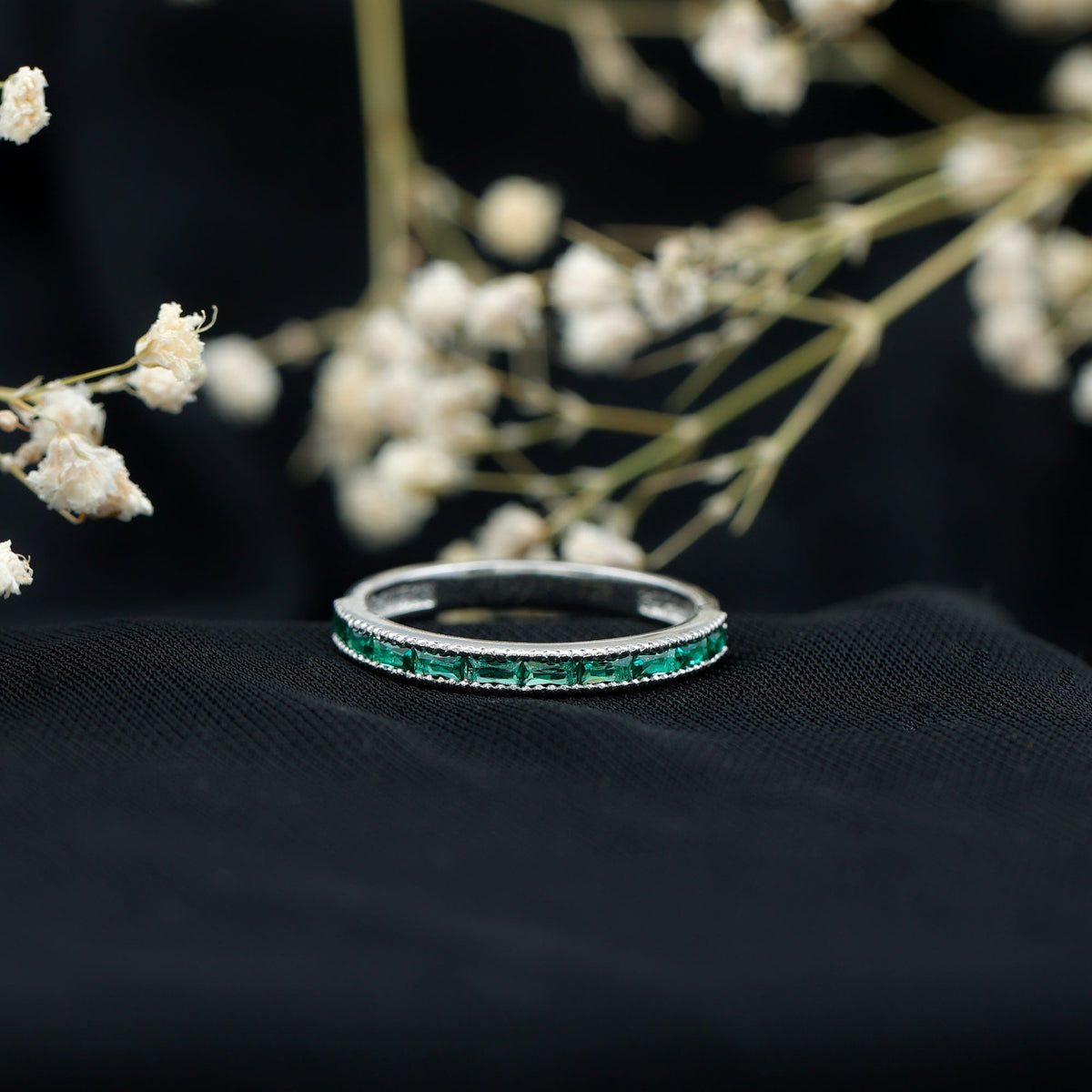 Baguette Cut Lab Grown Emerald Eternity Ring with Beaded Detailing