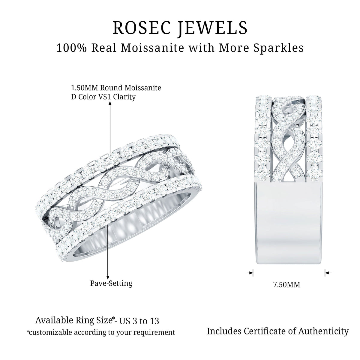 Certified Moissanite Infinity Wedding Band for Women