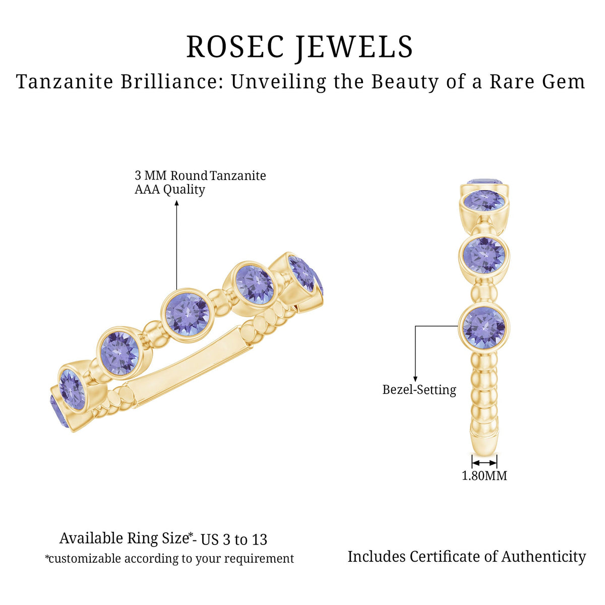 Natural Tanzanite Half Eternity Ring in Bezel Setting