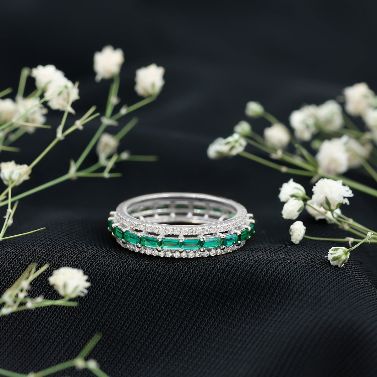 Baguette Cut Lab Grown Emerald and Moissanite Wedding Band