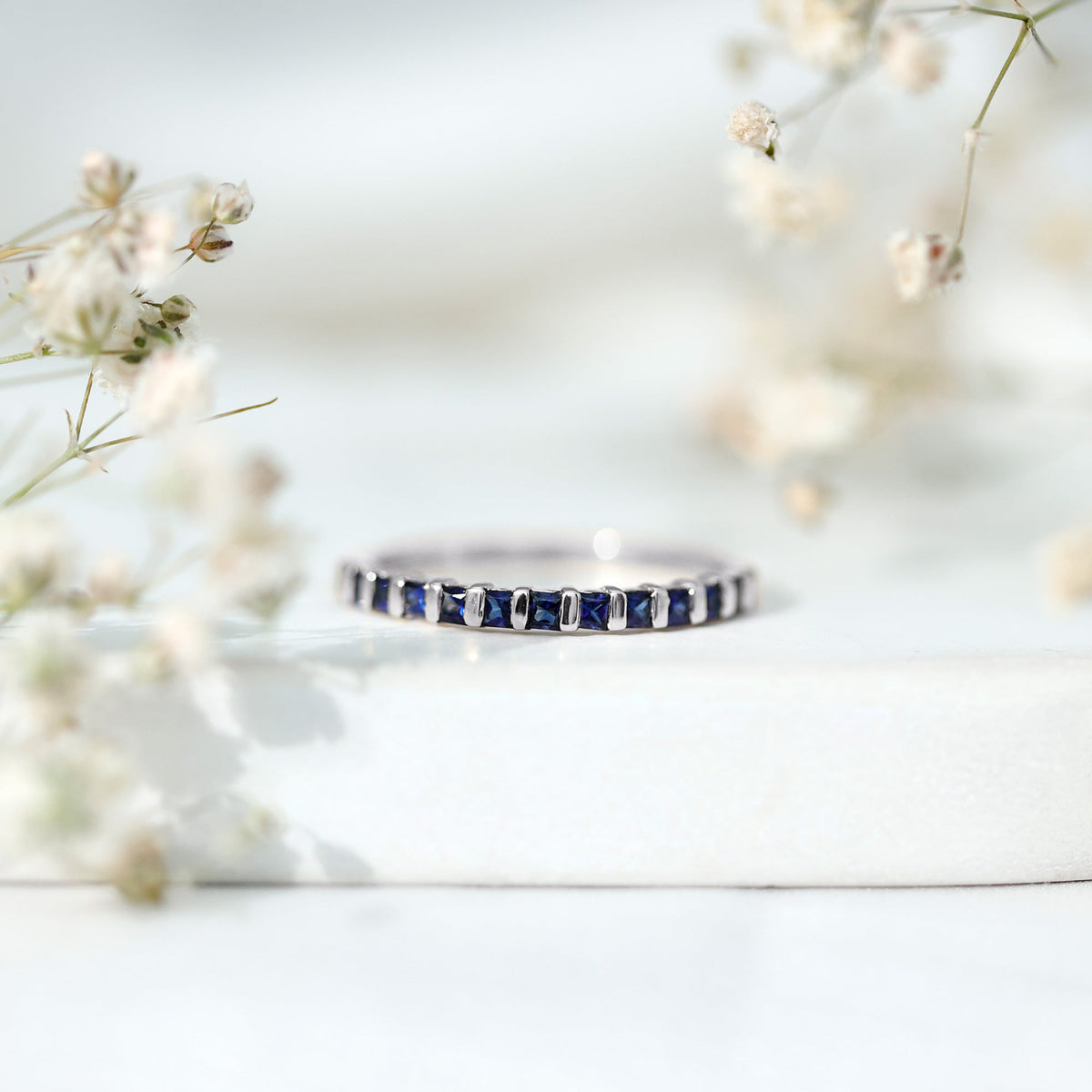 Princess Cut Blue Sapphire Half Eternity Wedding Band For Women