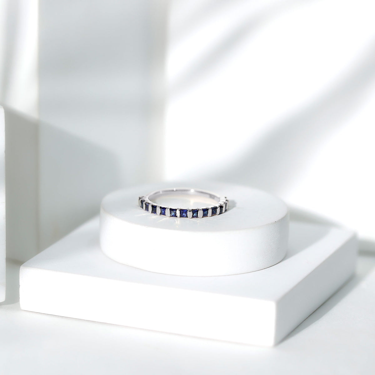 Princess Cut Blue Sapphire Half Eternity Wedding Band For Women
