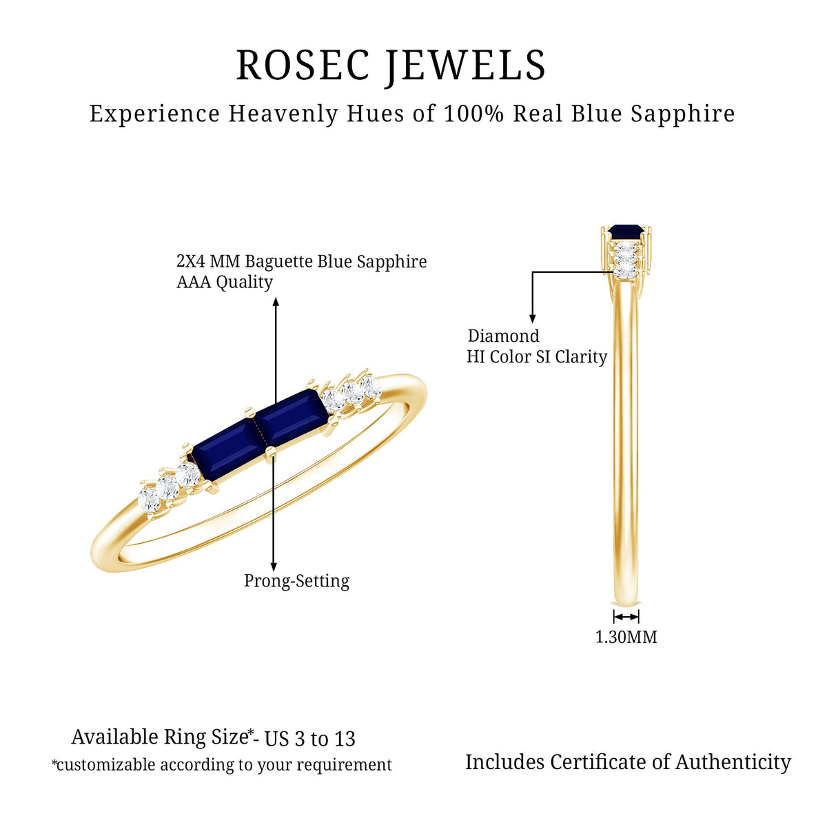 Natural Baguette Shape Blue Sapphire Promise Ring with Diamond