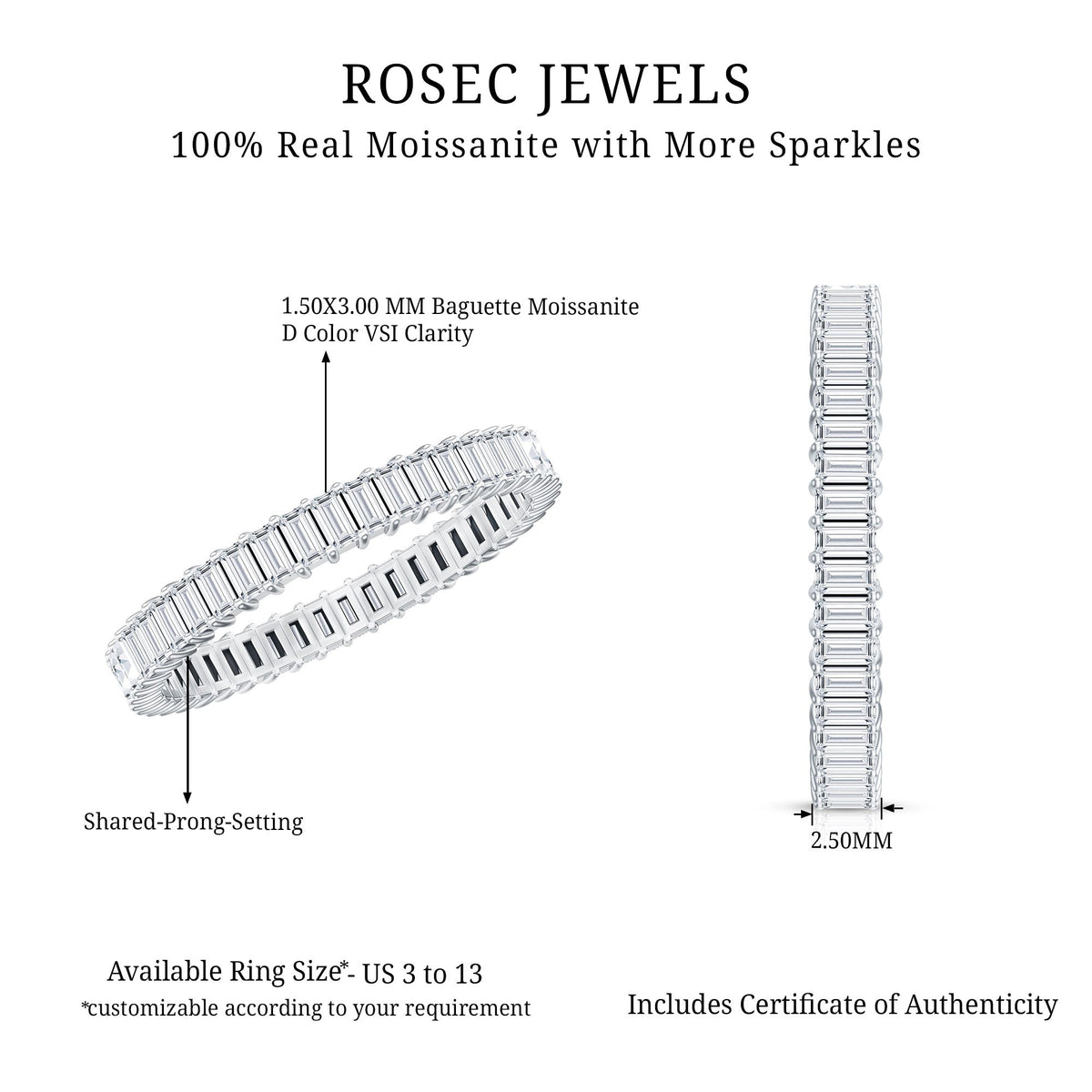 Baguette Cut Moissanite Eternity Ring in Shared Prong Setting