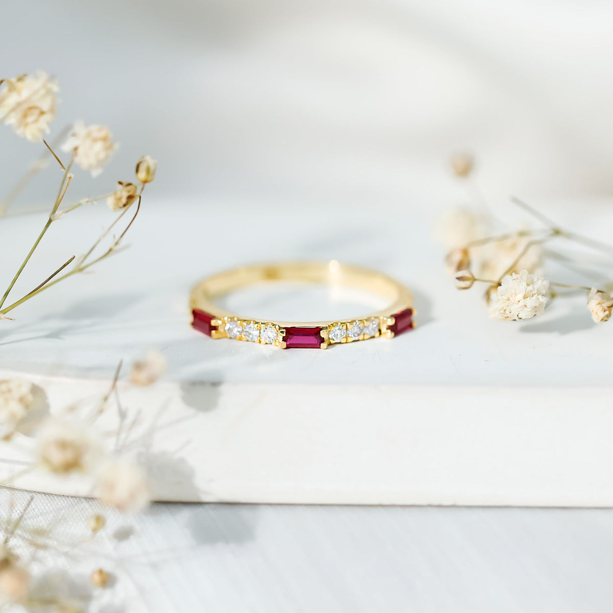 Baguette Cut Lab Grown Ruby Vintage Eternity Band with Diamond