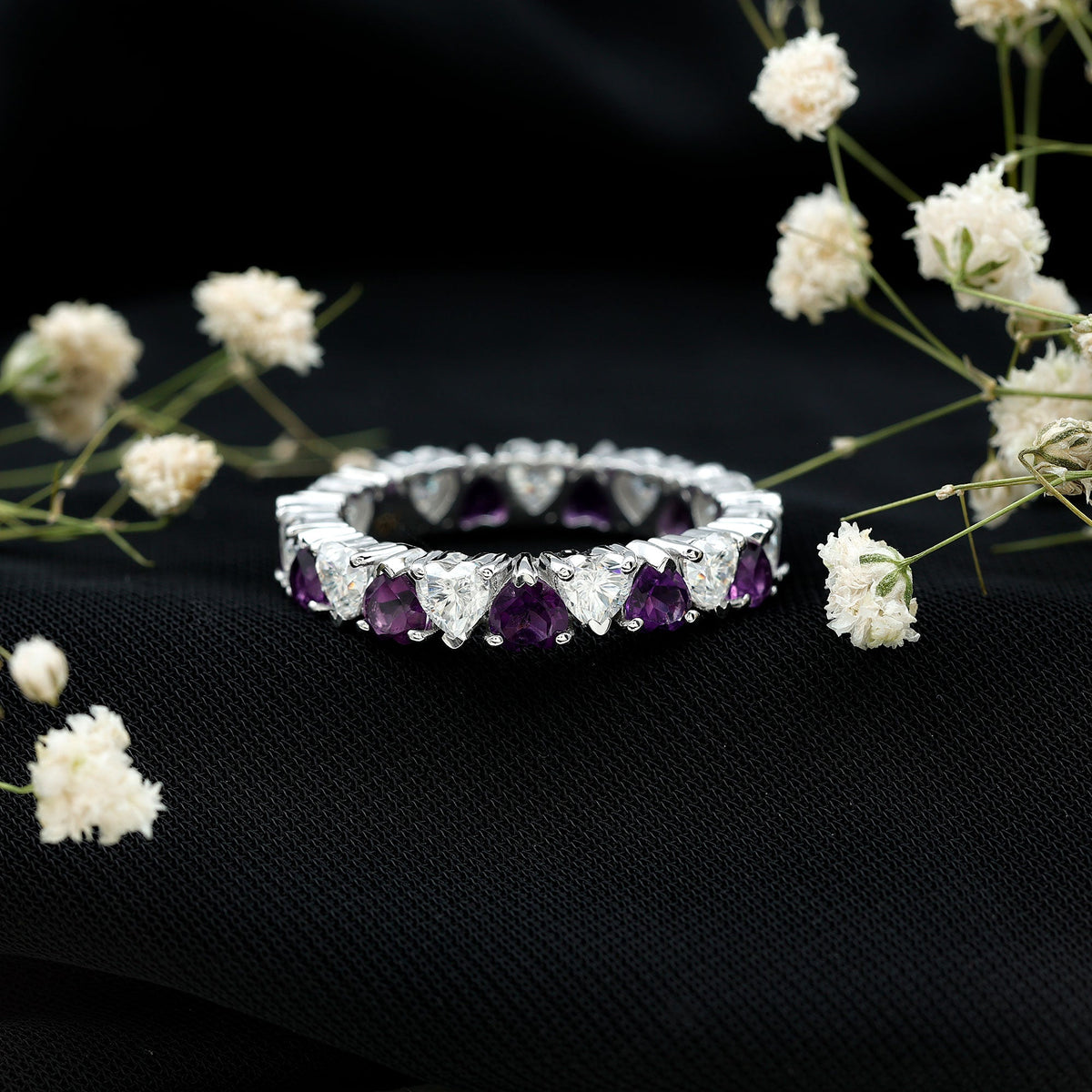 Certified Natural Amethyst Heart Eternity Ring with Moissanite