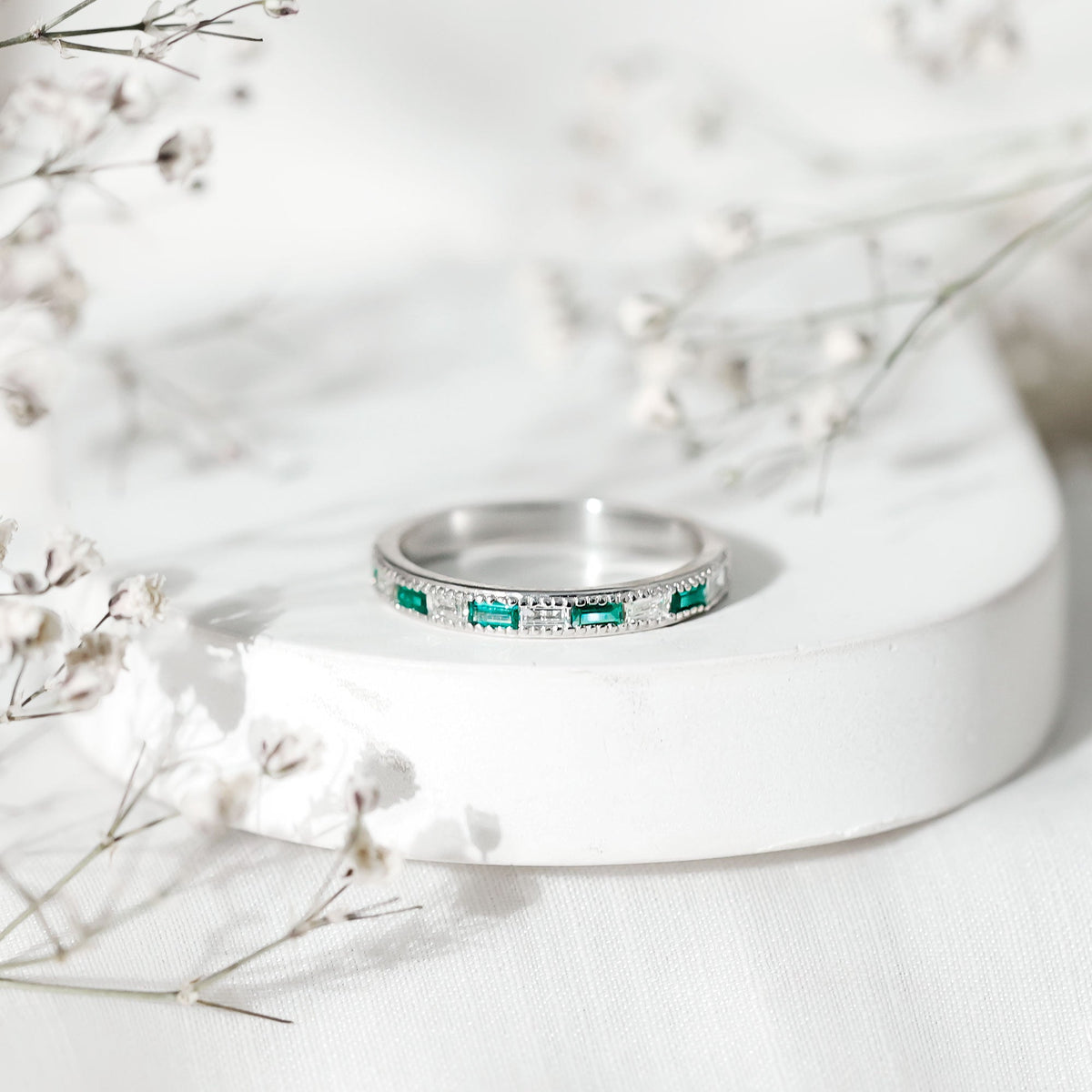 Baguette Cut Lab Grown Emerald and Diamond Band Ring
