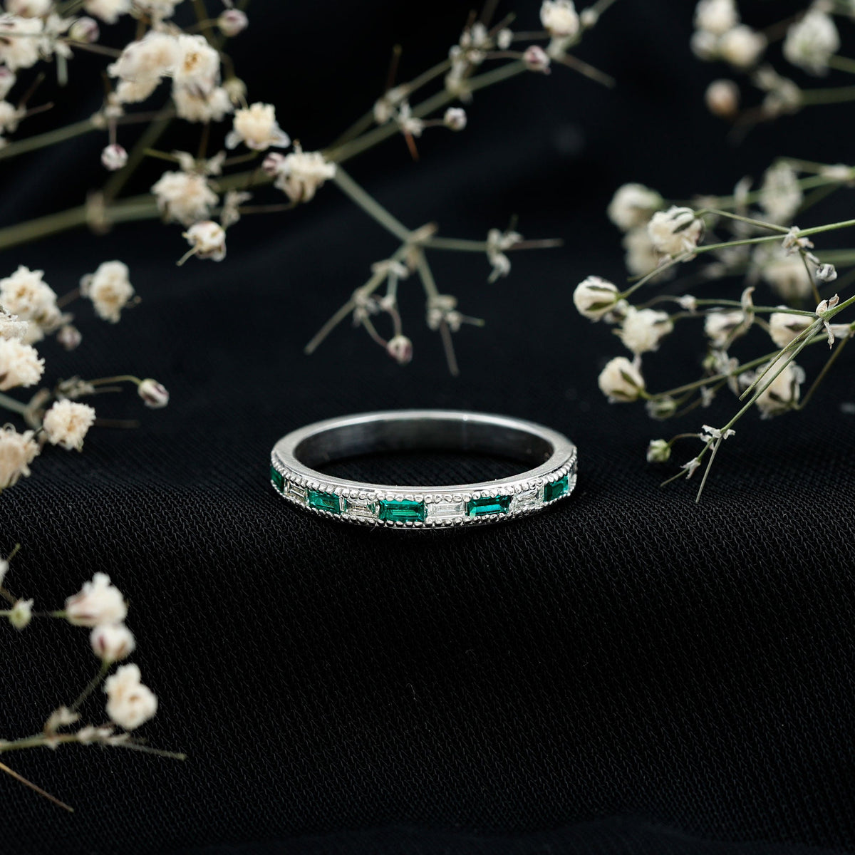 Baguette Cut Lab Grown Emerald and Diamond Band Ring