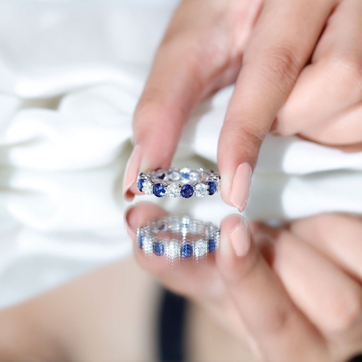 Certified Round Lab Grown Blue Sapphire Eternity Band Ring with Moissanite