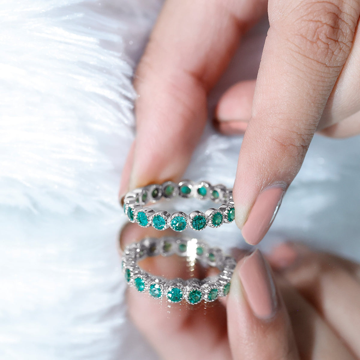 Milgrain Bezel Set Round Emerald Eternity Wedding Band