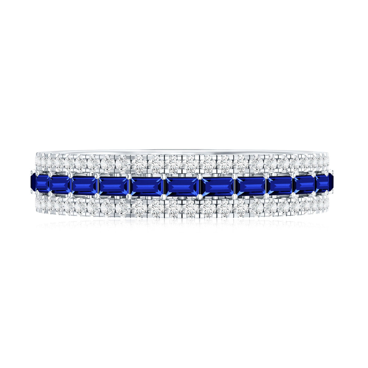 Baguette Cut Lab Grown Blue Sapphire and Moissanite Wedding Band