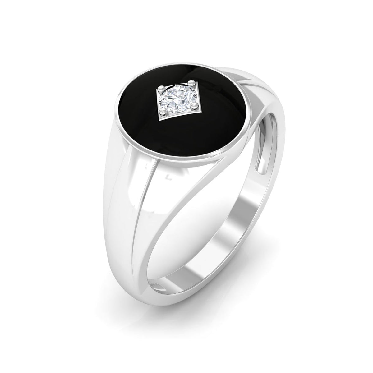Natural Diamond Mens Signet Engagement Ring with Black Enamel