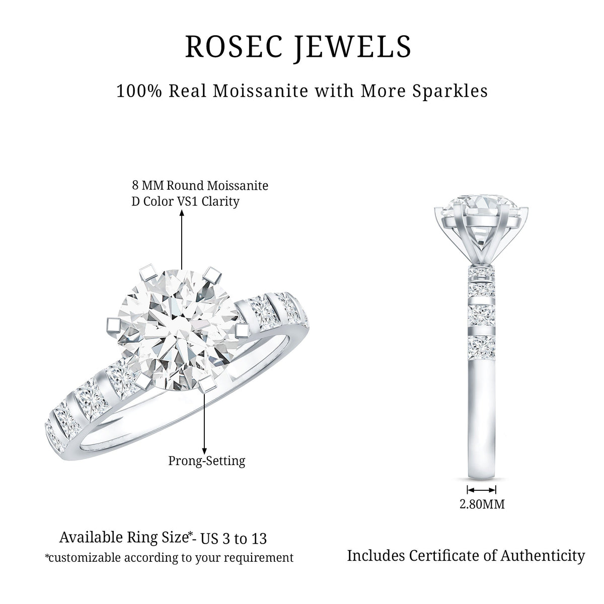 Round Cut 2 CT Moissanite Solitaire Engagement Ring with Side Stones