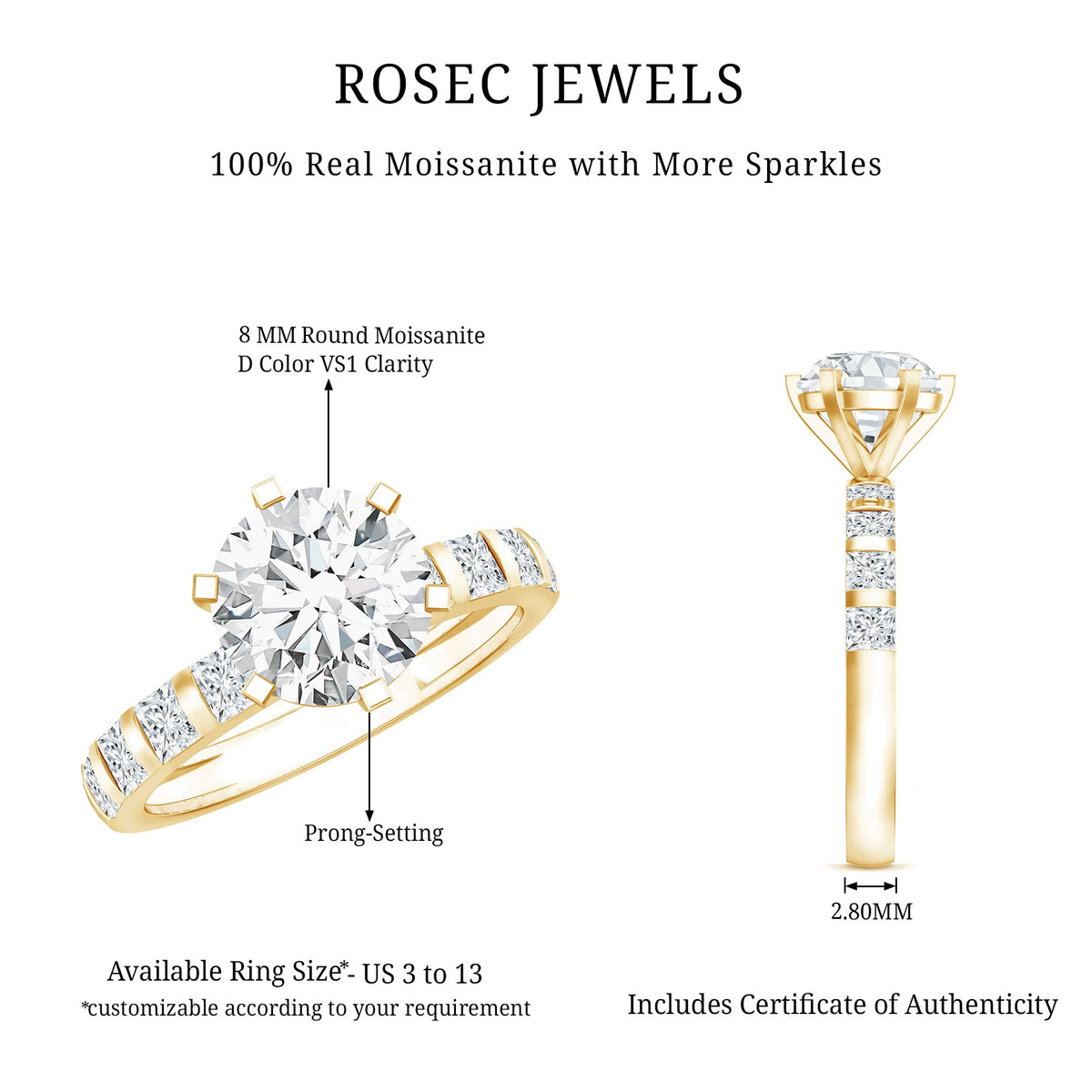 Round Cut 2 CT Moissanite Solitaire Engagement Ring with Side Stones