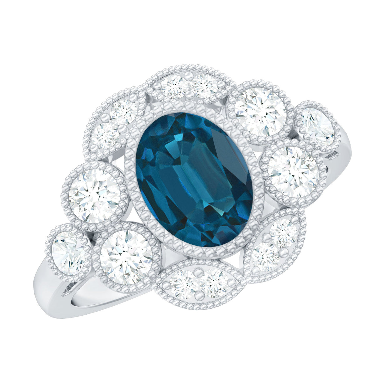 Real Oval London Blue Topaz Vintage Engagement Ring with Diamond