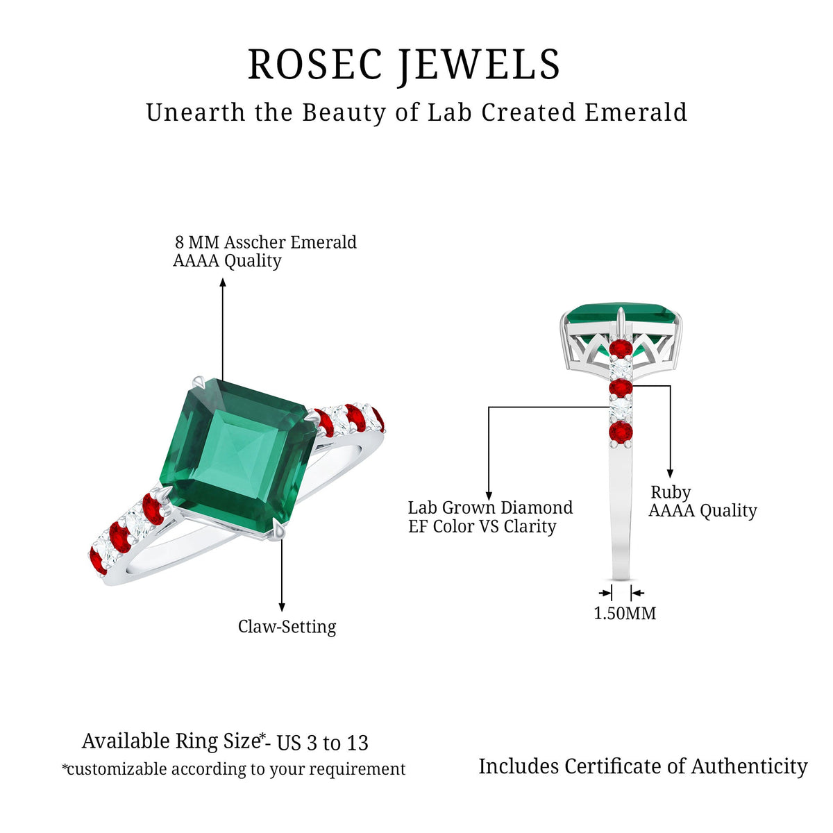 6 Carat Lab Created Emerald Engagement Ring with Lab Ruby and Diamond
