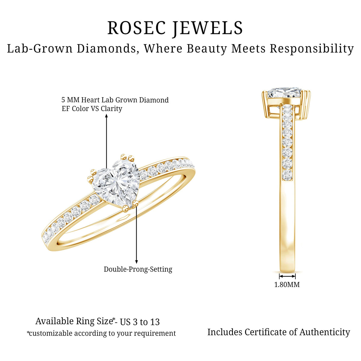 Lab Grown Diamond 0.5 Carat Heart Engagement Ring With Side Stones