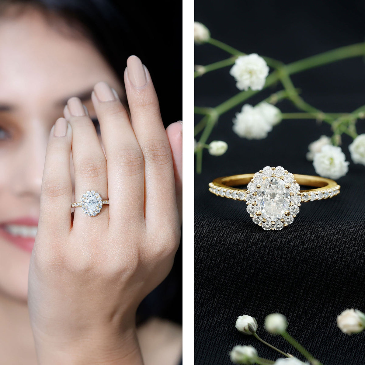 Lab Grown Diamond 1.2 Carat Oval Halo Engagement Ring With Side Stones