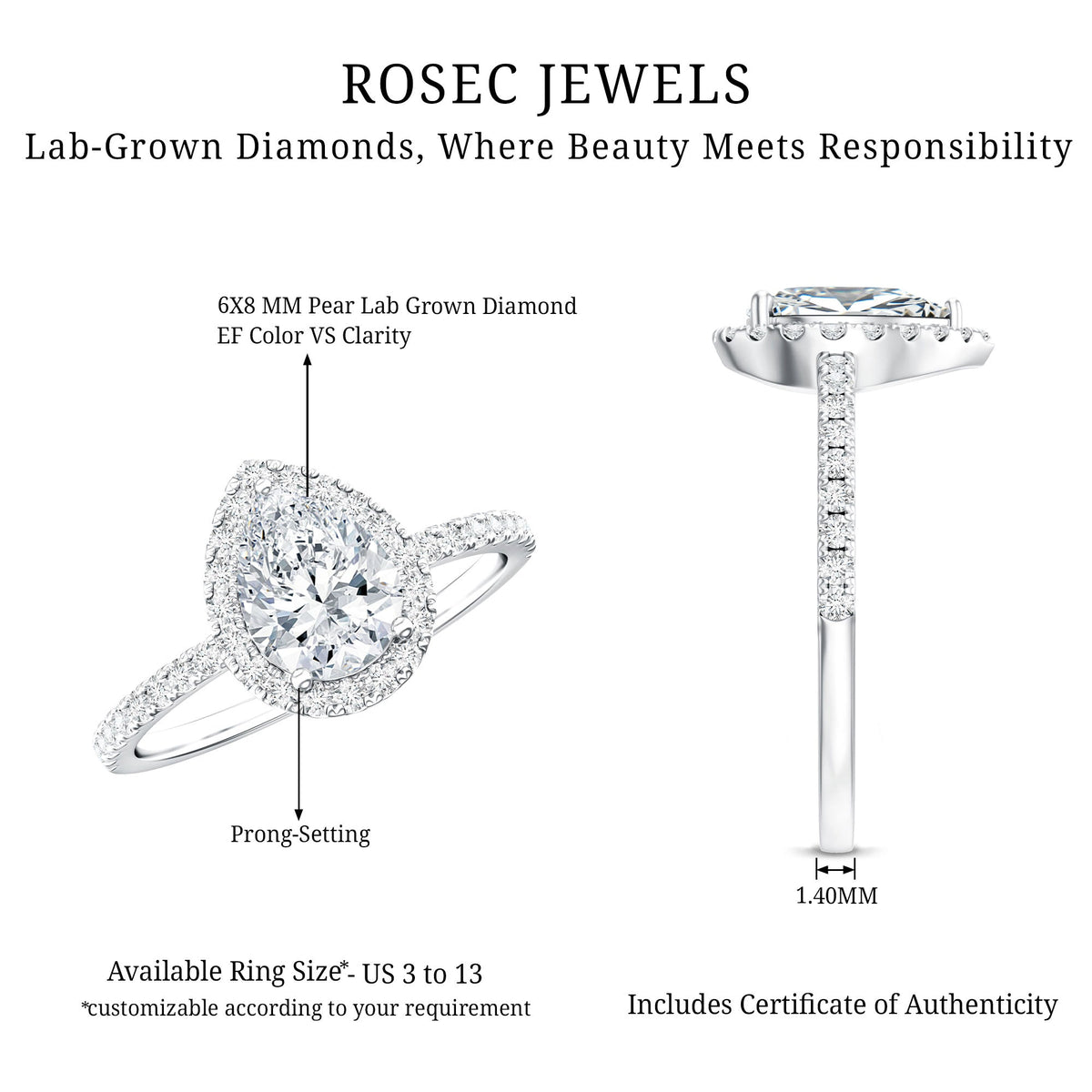Certified Lab Grown Diamond Pear Halo Engagement Ring