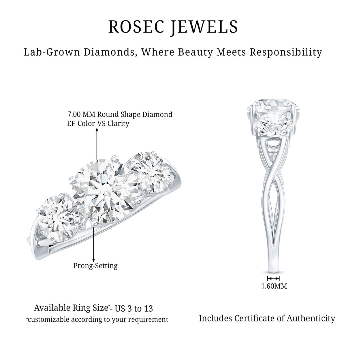 Lab Grown Diamond Three Stone Engagement Ring with Crossover Shank
