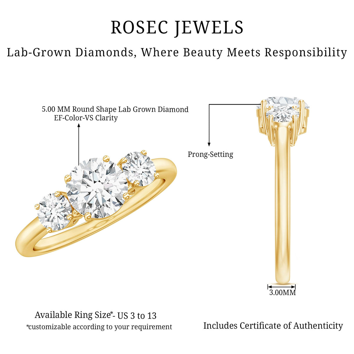 Certified Lab Grown Diamond Three Stone Engagement Ring for Her