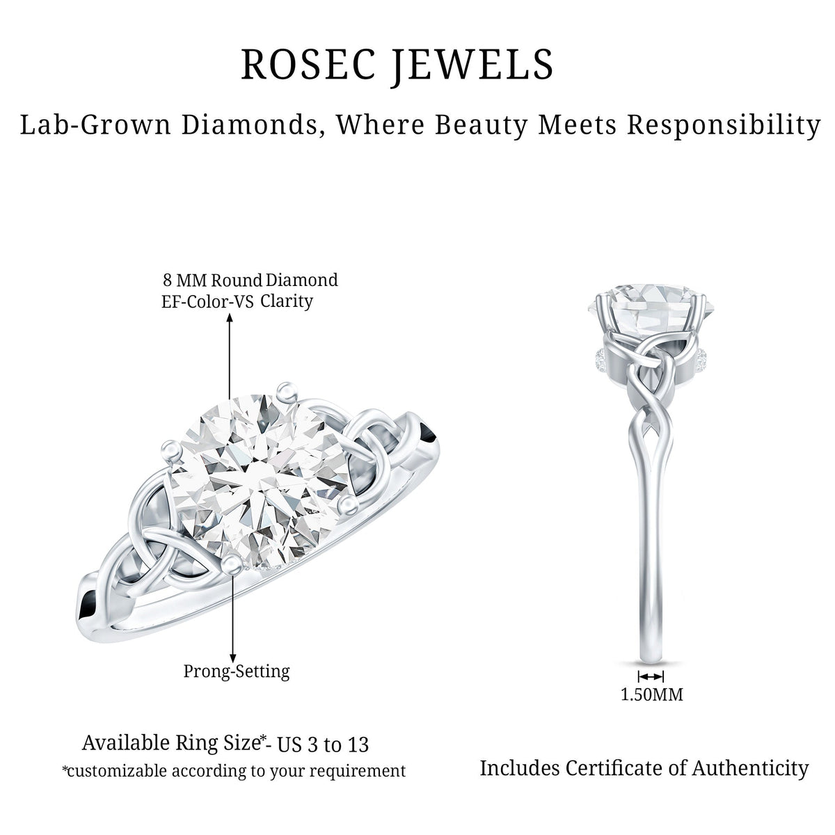 Certified Celtic Knot Lab Grown Diamond Round Engagement Ring