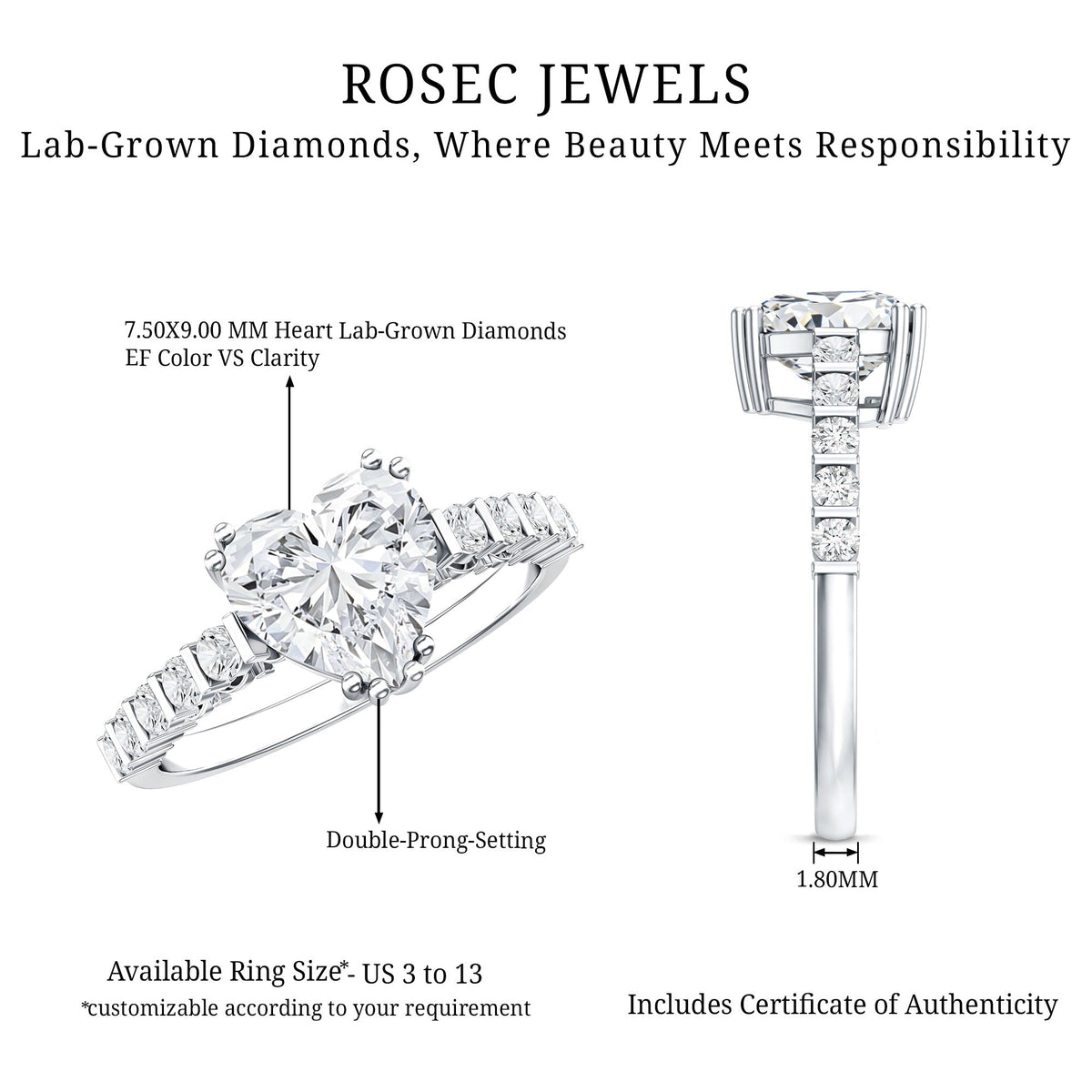 Certified 2 Carat Lab Grown Diamond Heart Engagement Ring for Her