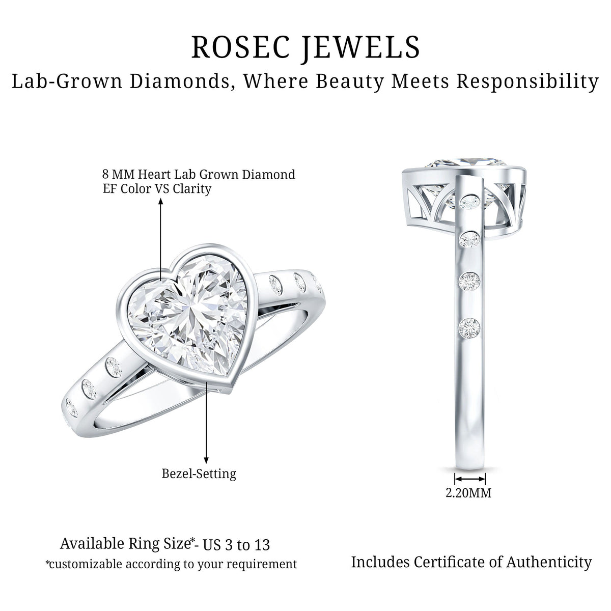 Bezel Set Brilliant Cut Lab Created Diamond Heart Engagement Ring For Women