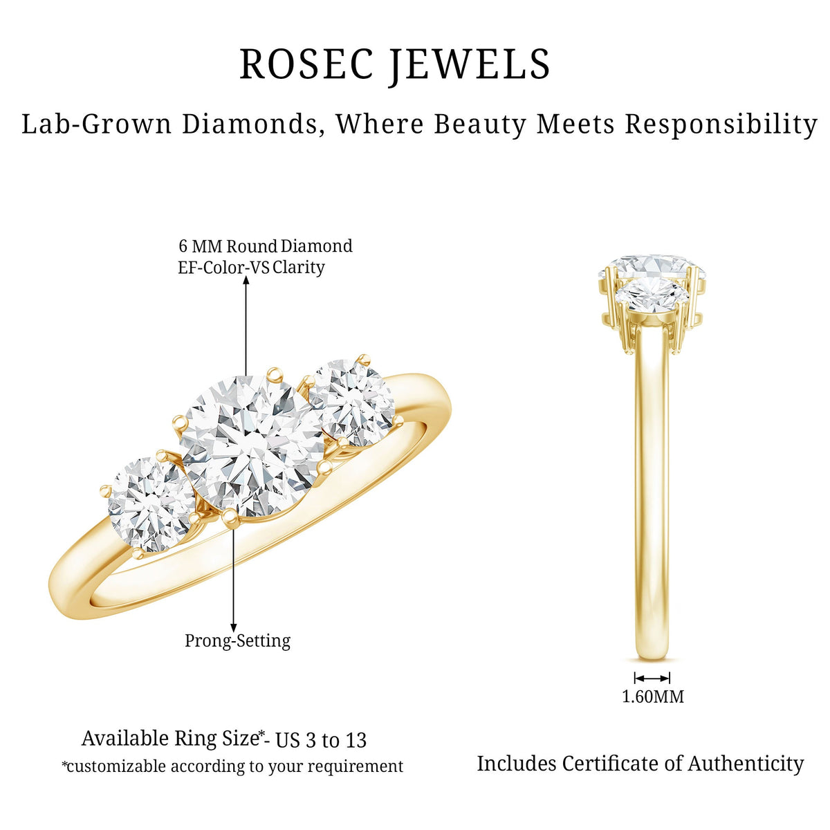 Round Cut Lab Grown Diamond 3 Stone Ring For Women